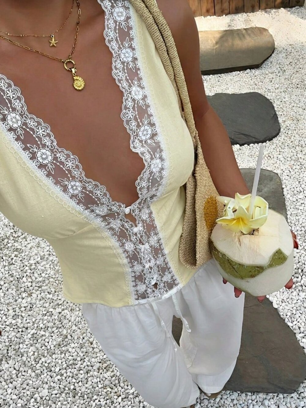 Yellow Casual Women's Lace Patchwork Sexy Versatile Date Night Blouse - Picture 7 of 7